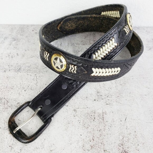 Vintage Western Bohemian Tooled Leather Belt Whipstitch Conchos size 30 main image 5